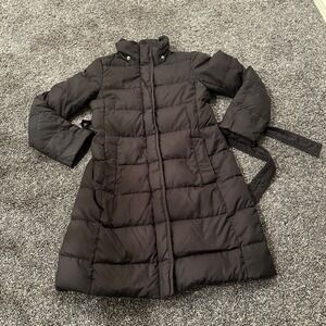 J Crew Puffer Coat Womens XS Black Long Goose Down Belted Quilted Jacket